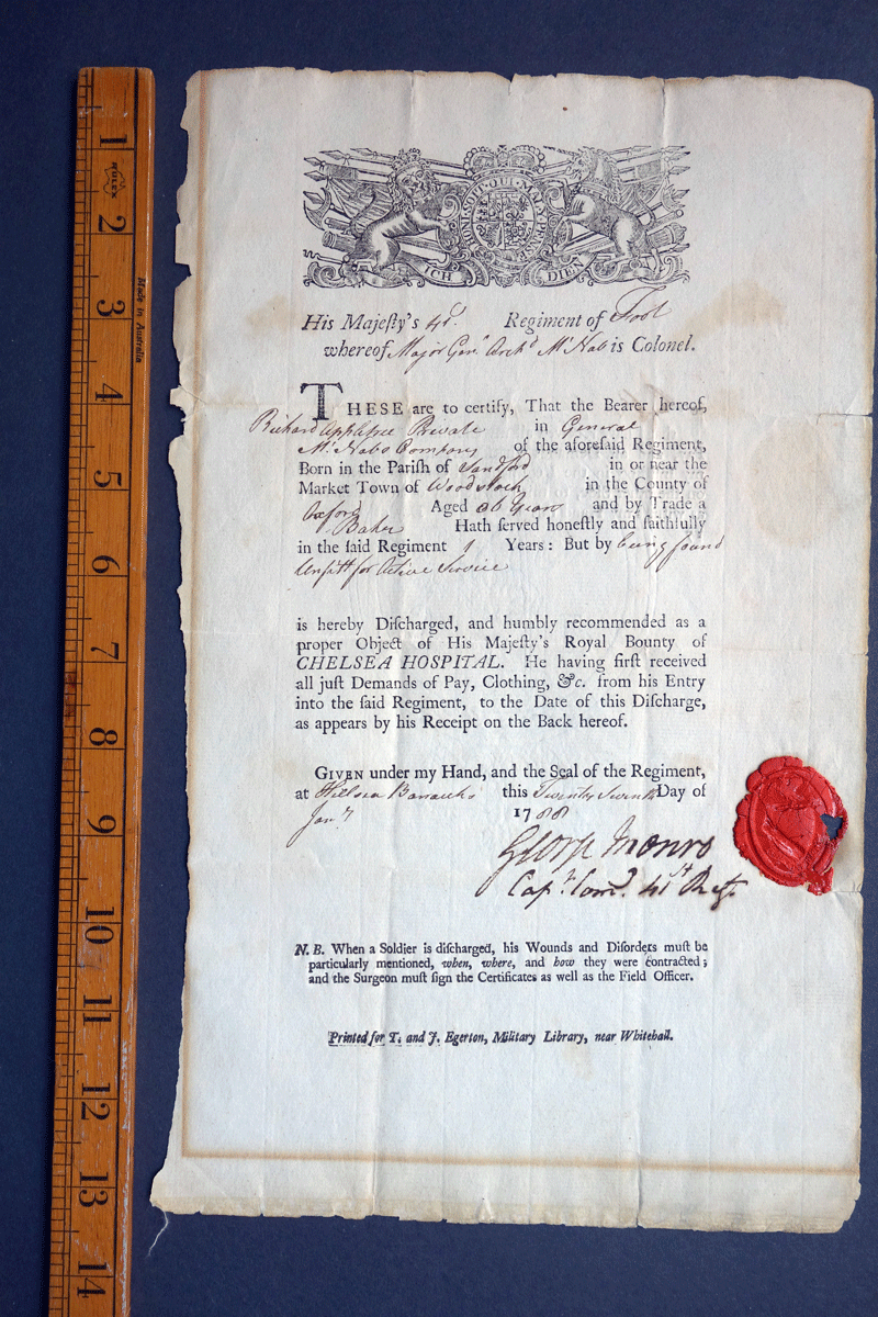 British Military discharge certificate for Richard  Appletree  41st signed George Monro 1788